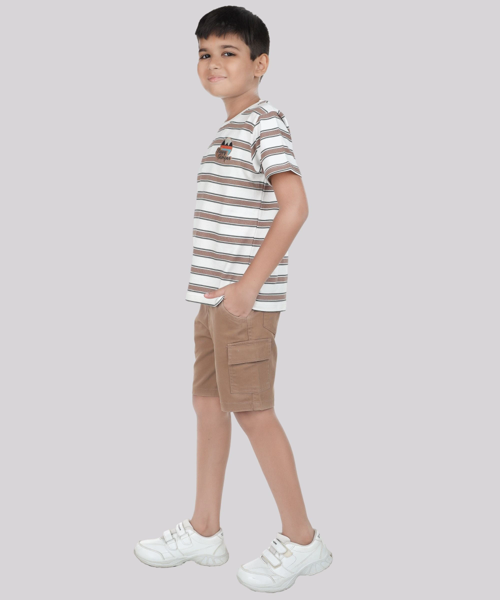 جينيوس - طقم تي شيرت مخطط مع شورت منسوج - أوف وايت وبني - قطعتين