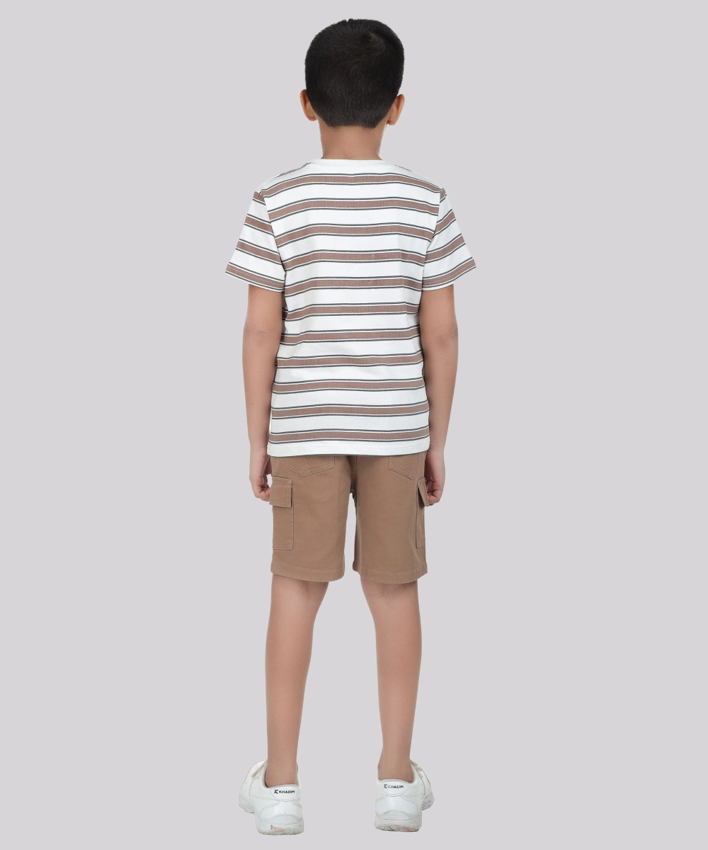 جينيوس - طقم تي شيرت مخطط مع شورت منسوج - أوف وايت وبني - قطعتين