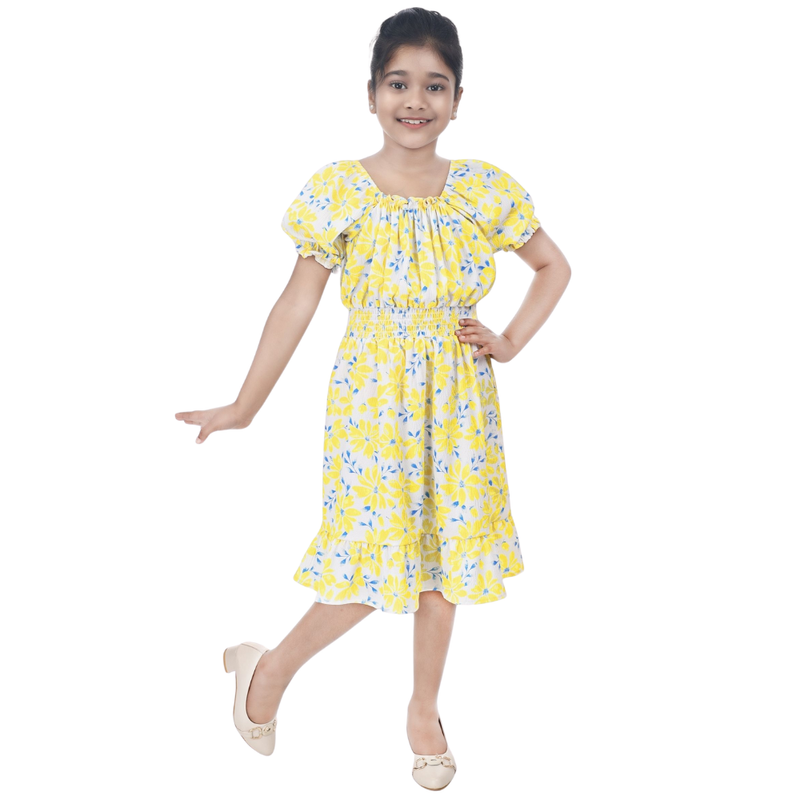 Flower Girl - Girl's All Over Print Square Neck Dress - Yellow