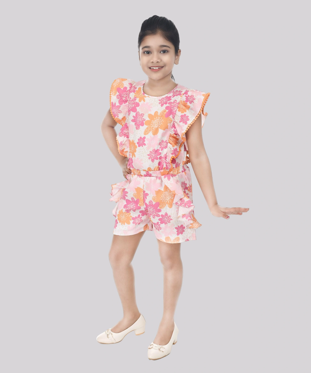 Flower Girl - Girl's Floral Printed Frill Sleeves Playsuit - Multicolor