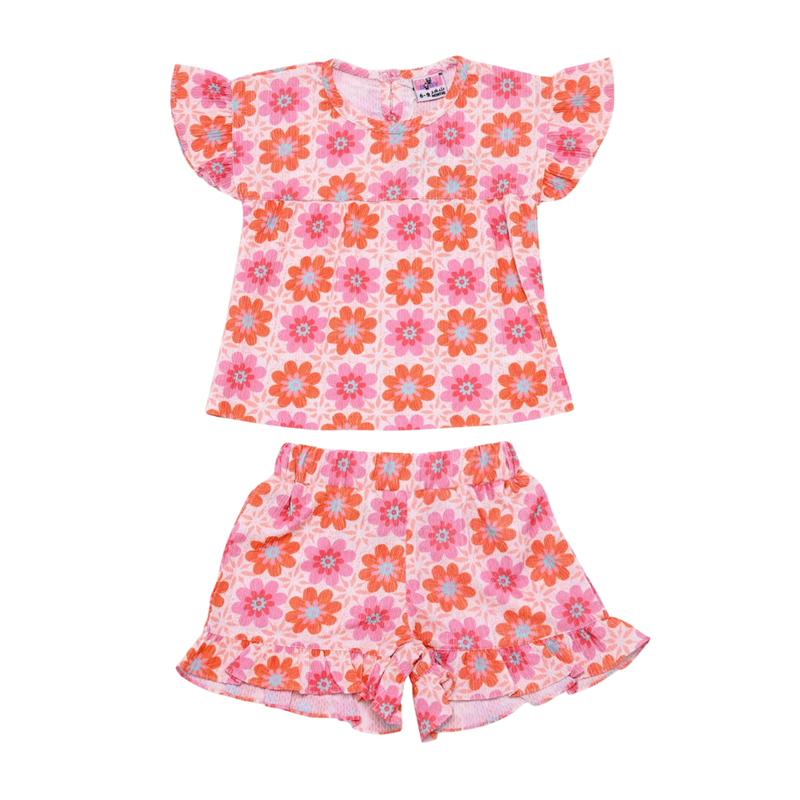 سمارت بيبي - طقم قطعتين - بلوزة وشورت مطبوع بالكامل للبنات - برتقالي