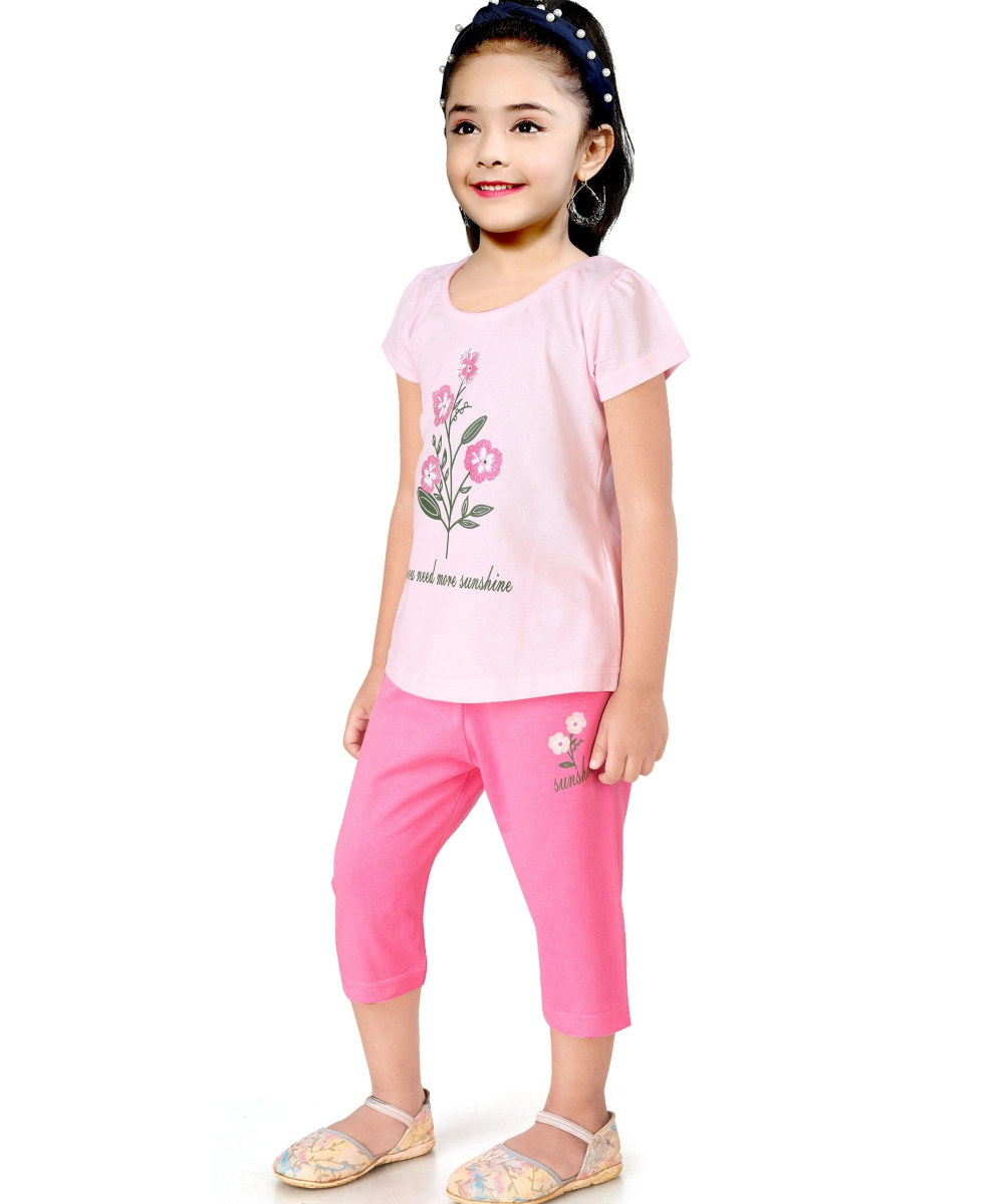 Genius - 2pc-Set - Girl's Round Neck Cotton T-Shirt & Capri Pants - Pink