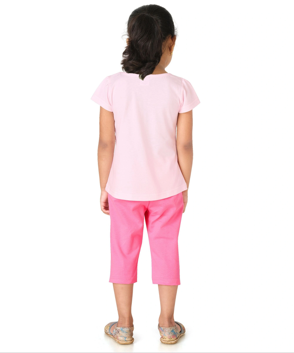 Genius - 2pc-Set - Girl's Round Neck Cotton T-Shirt & Capri Pants - Pink