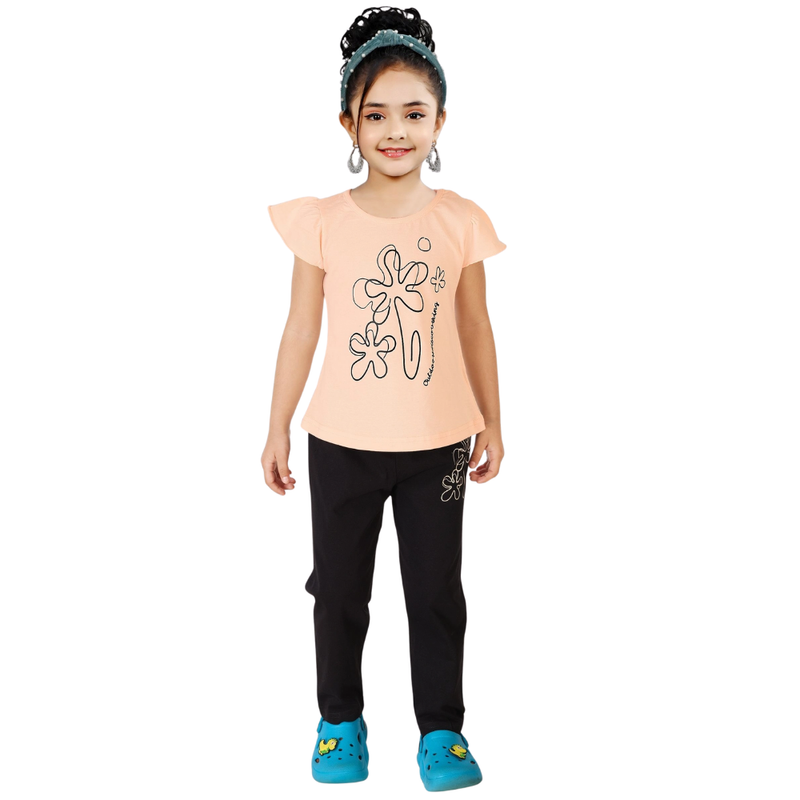 Genius - 2pc-Set - Girl's Cap Sleeves T-Shirt With Pants - Light Peach/Black