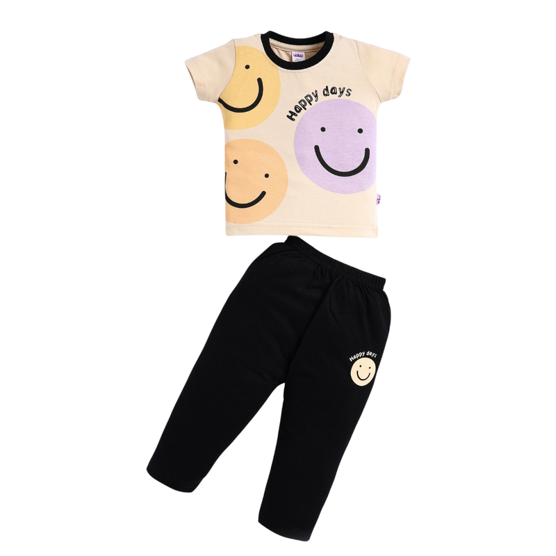 سمارت بيبي - طقم قطعتين - تيشيرت مع بنطال للأولاد - كريمي وأسود