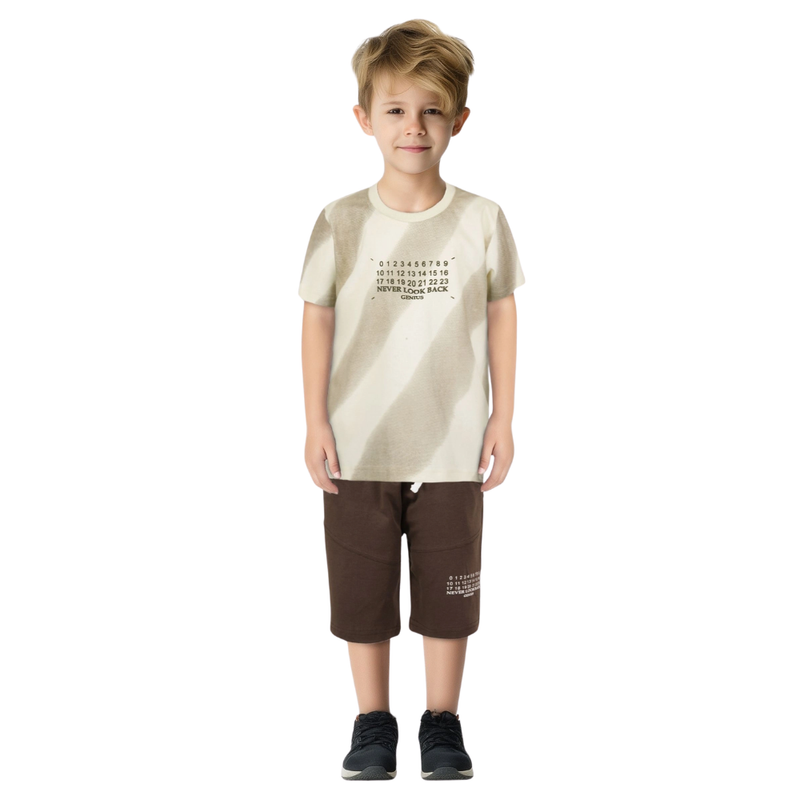 Genius - 2pc-Set - Boy's Printed T-Shirt With Jamaican Shorts - Cream/Brown