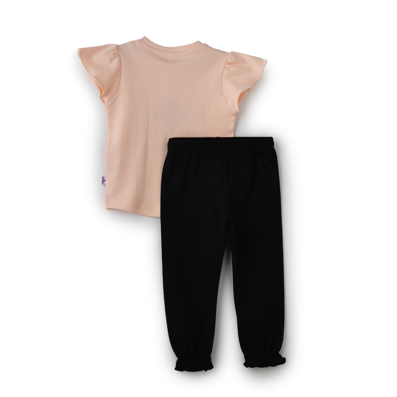 سمارت بيبي - طقم قطعتين تي شيرت بأكمام كشكش مع بنطال بيجاما - خوخي/أسود