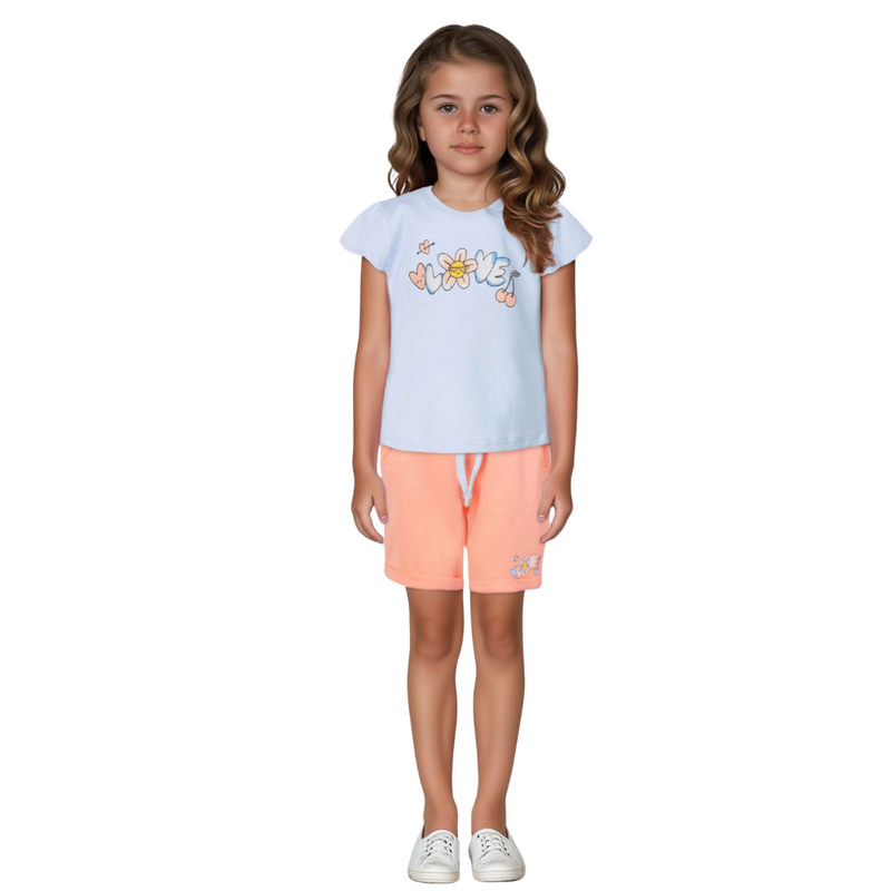Genius - 2pc-Set - Girl's Printed T-Shirt & Bermuda Shorts - Sky Blue/Pink