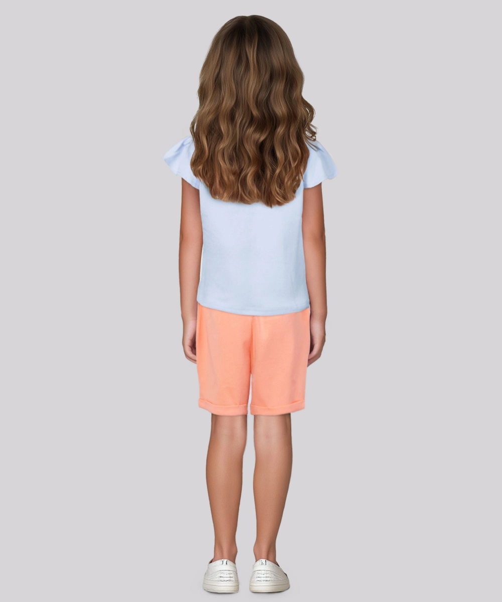 Genius - 2pc-Set - Girl's Printed T-Shirt & Bermuda Shorts - Sky Blue/Pink