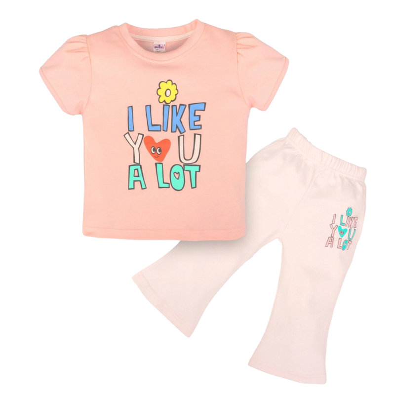 جينيوس - طقم قطعتين - تي شيرت آي لايك يو مع بنطال قصير للبنات - وردي