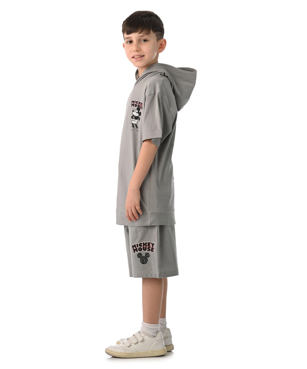 Mickey Mouse - 2pc-Set - Boys' Hooded T-Shirt & Bermuda Shorts - Grey