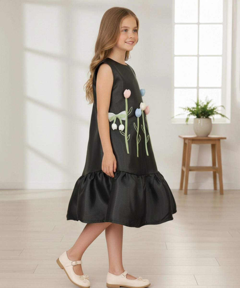 Le Crystal - Girl's 3D Embroidered Flowers Party Dress - Black