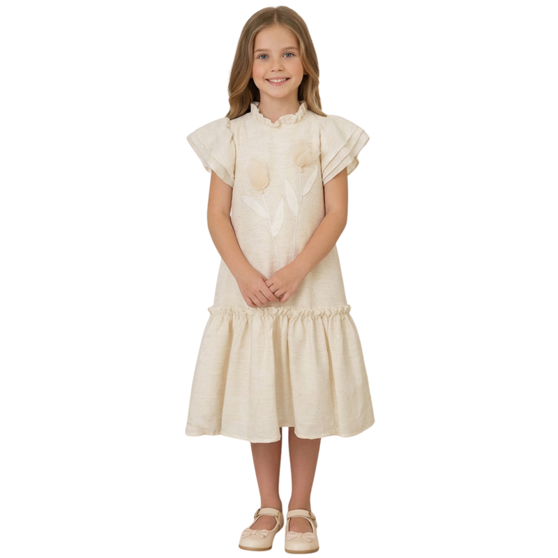 Le Crystal - Girl's 3D Flower Applique Party Dress - Cream