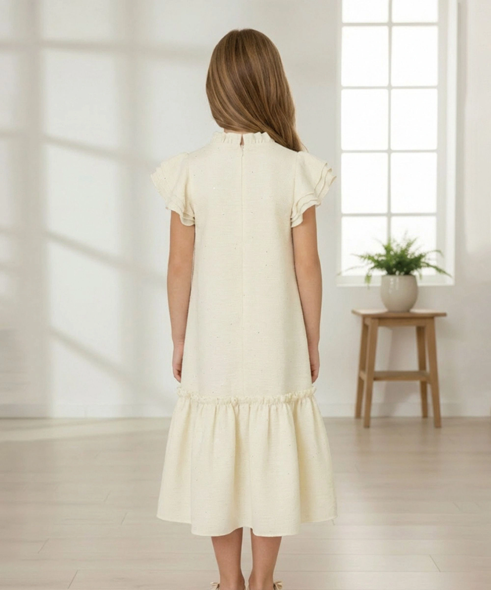 Le Crystal - Girl's 3D Flower Applique Party Dress - Cream