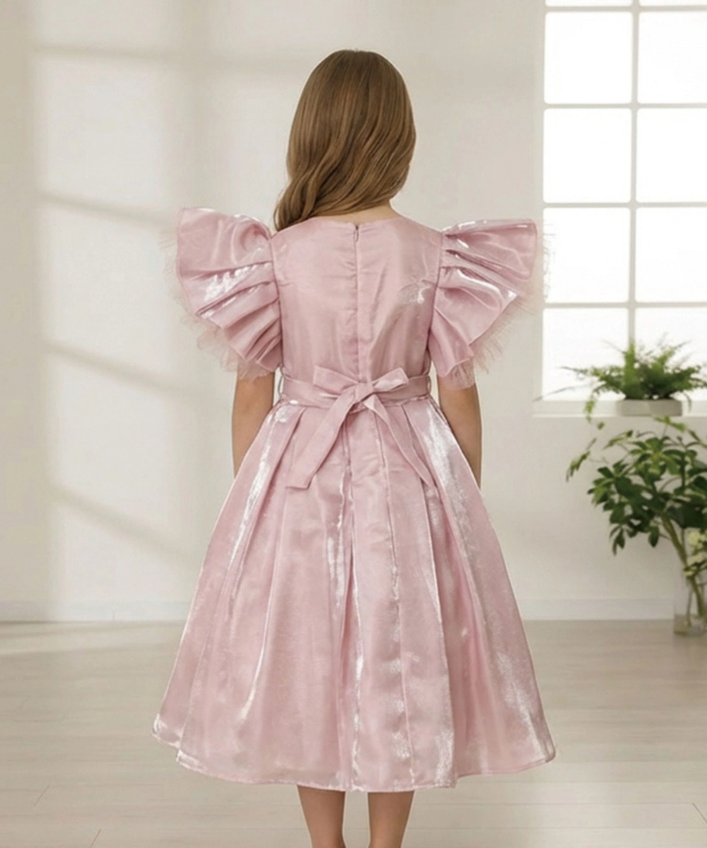 Le Crystal - Girl's 3D Mesh Rose Party Dress - Pink