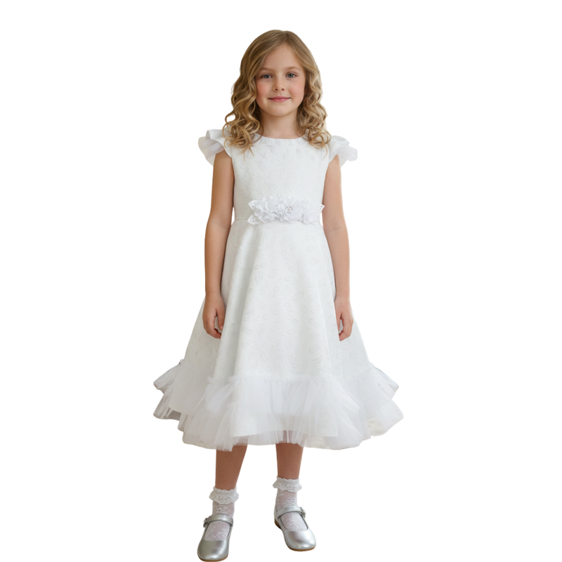 Le Crystal - Girl's Textured Party Dress - White