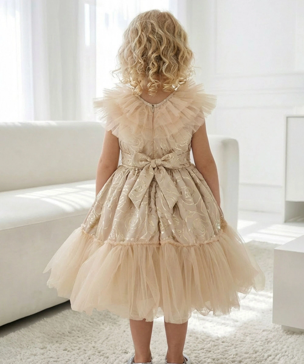 Le Crystal - Girl's Delicate Ruffle Tulle Party Dress - Beige