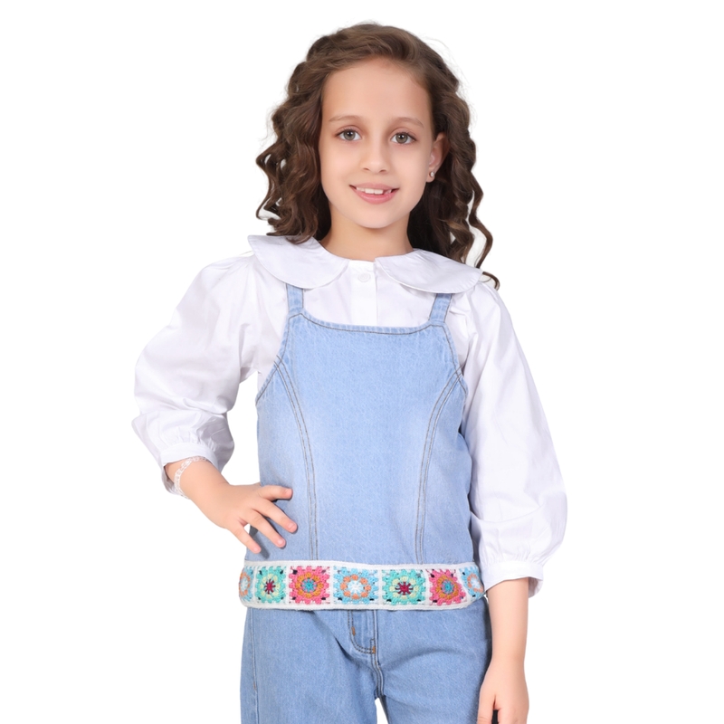 Little Kangaroos - Girl's Casual Shirt & Denim Top - White/Blue
