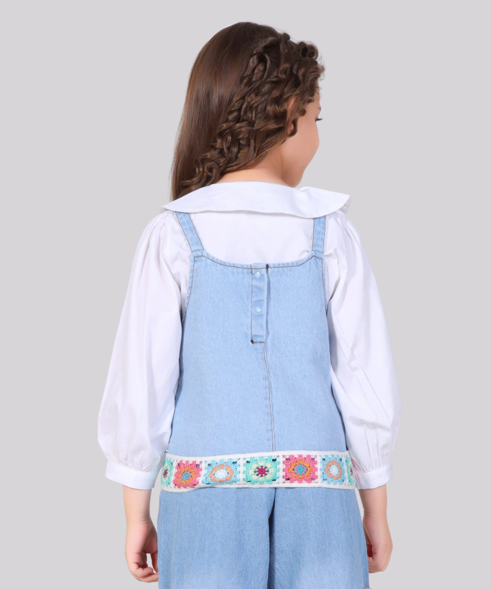 Little Kangaroos - Girl's Casual Shirt & Denim Top - White/Blue