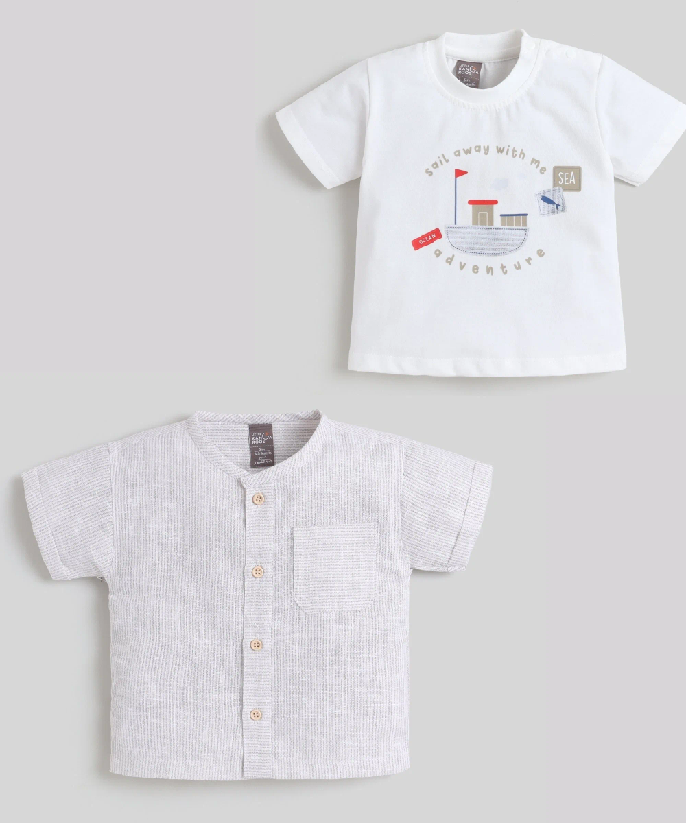 Little Kangaroos - 3pc-Set - Baby Boy's T-Shirt, Shirt & Shorts - Beige