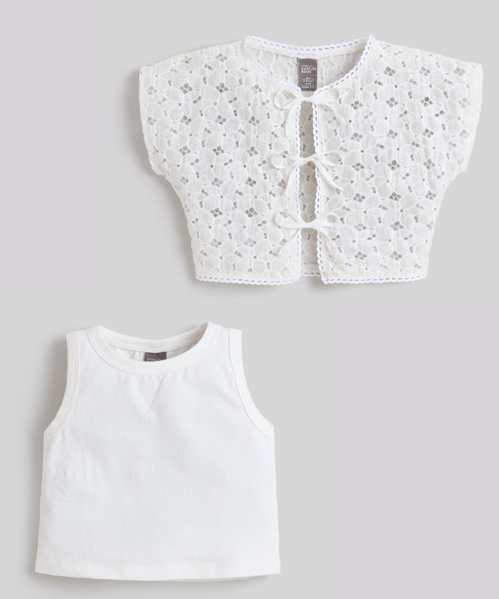 Little Kangaroos - 2pc-Set - Girl's Tank & Embroidered Top - White