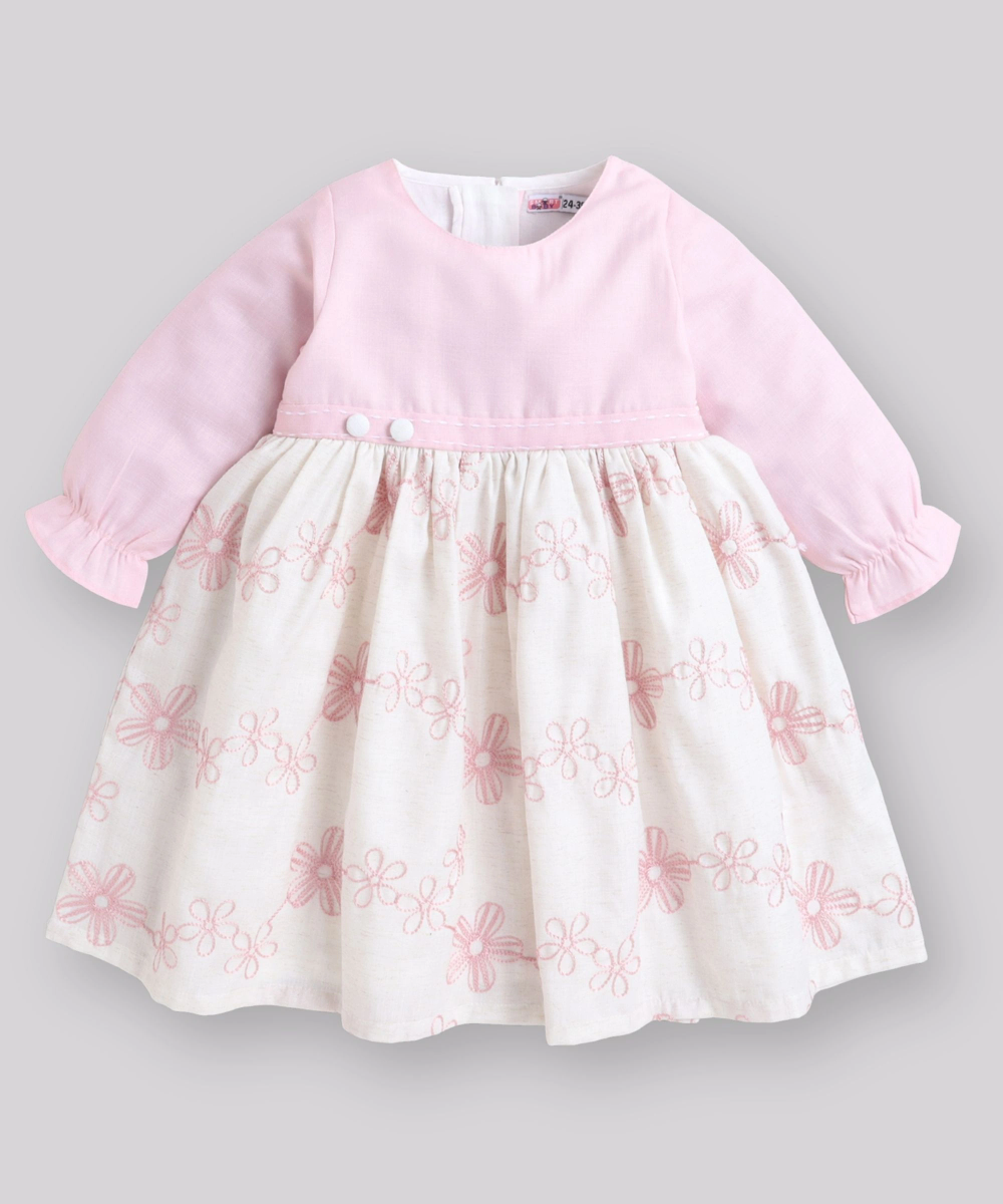 Smart Baby - Baby Girl's Casual Long Sleeves Embroidered Dress - Pink