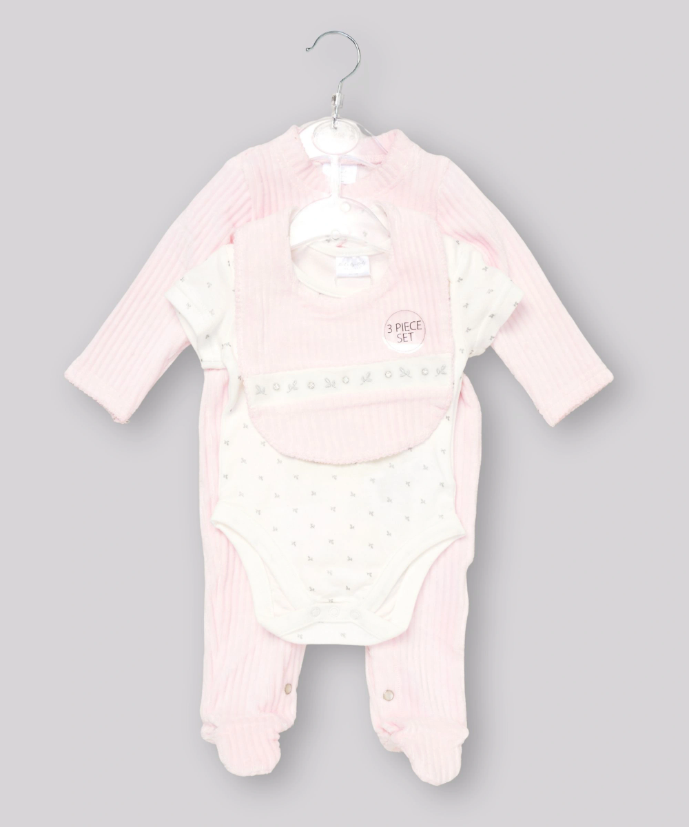 طقم روك أ باي بيبي - 3 قطع - بدلة نوم، وبدلة داخلية، ومريلة للبنات - أبيض/وردي