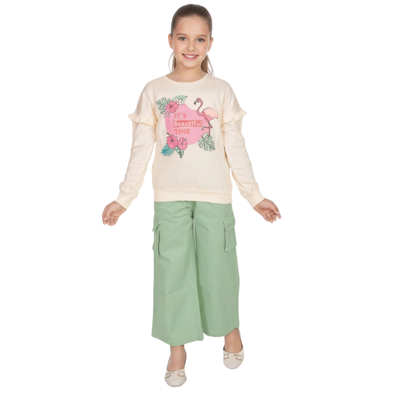 جينيوس - طقم من قطعتين - سويت شيرت وبنطال رياضي للبنات - بيج/أخضر