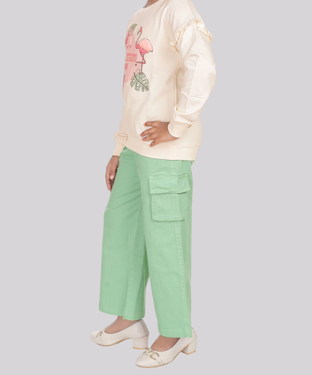 جينيوس - طقم من قطعتين - سويت شيرت وبنطال رياضي للبنات - بيج/أخضر