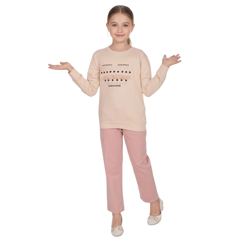 جينيوس - طقم قطعتين - سويت شيرت وبنطال طويل للبنات - بيج/وردي