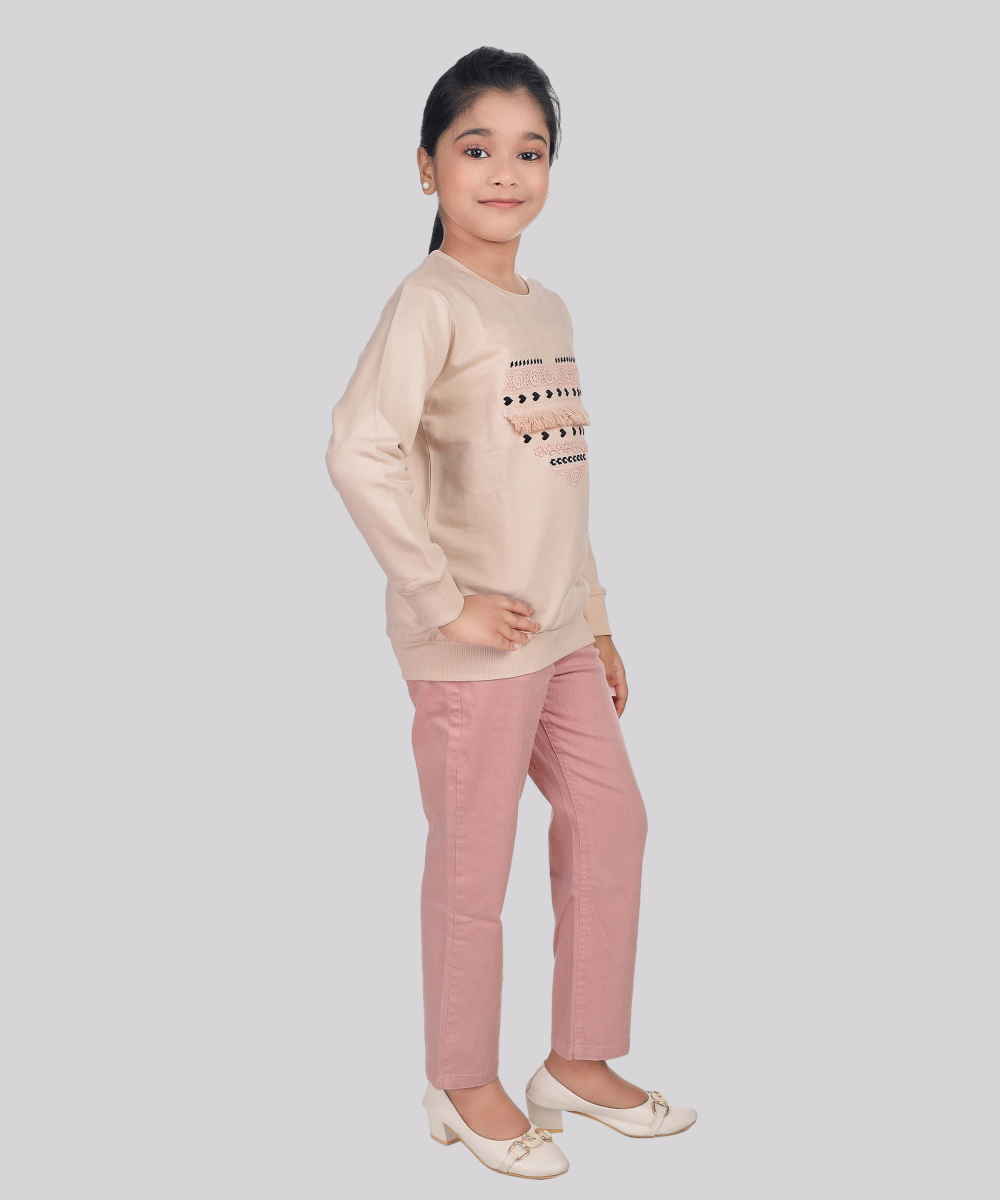 جينيوس - طقم قطعتين - سويت شيرت وبنطال طويل للبنات - بيج/وردي