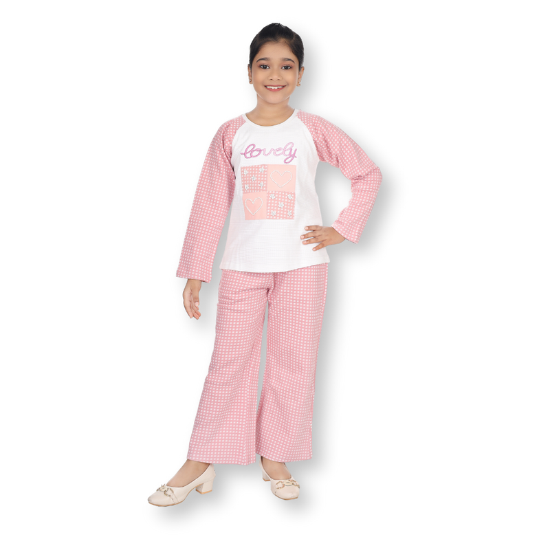 جينيوس - طقم قطعتين - طقم بلوزة مطرزة وبنطال واسع للبنات - وردي