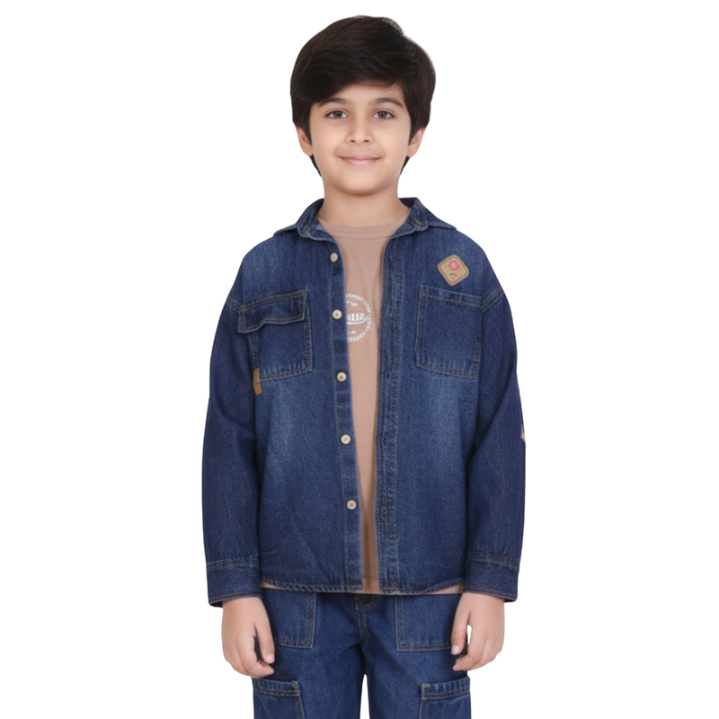 Little Kangaroos - 2pc-Set - Boy's T-Shirt & Denim Shacket - Navy Blue/Beige