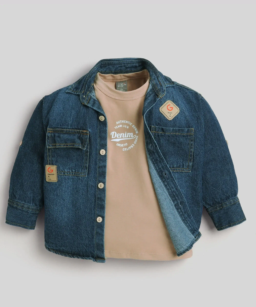 Little Kangaroos - 2pc-Set - Boy's T-Shirt & Denim Shacket - Navy Blue/Beige