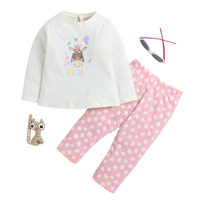 سمارت بيبي - طقم قطعتين - تيشيرت وبنطال للبنات - أبيض/وردي