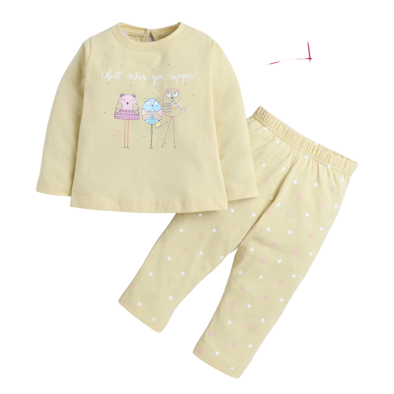 سمارت بيبي - طقم قطعتين - تيشيرت وبنطال للبنات - بيج