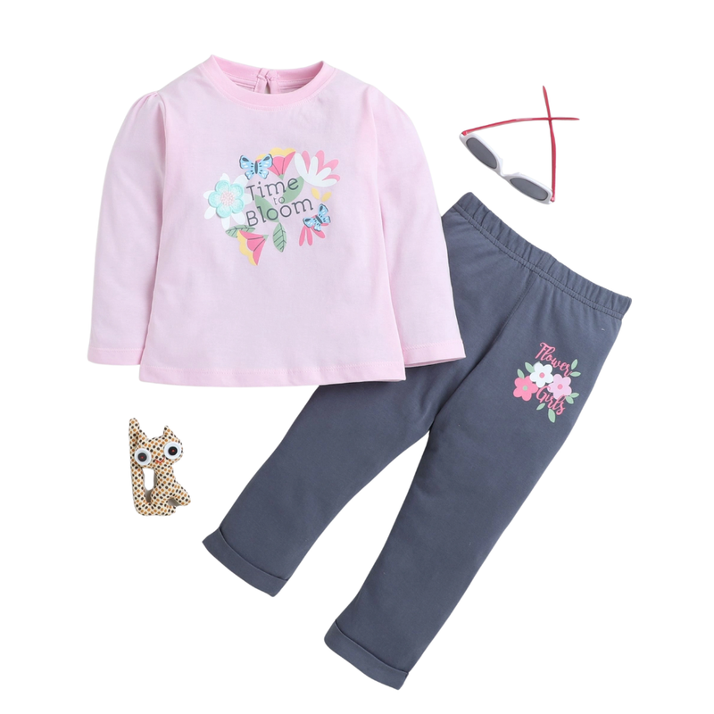 سمارت بيبي - طقم قطعتين - تيشيرت وبنطال للبنات - وردي/أزرق