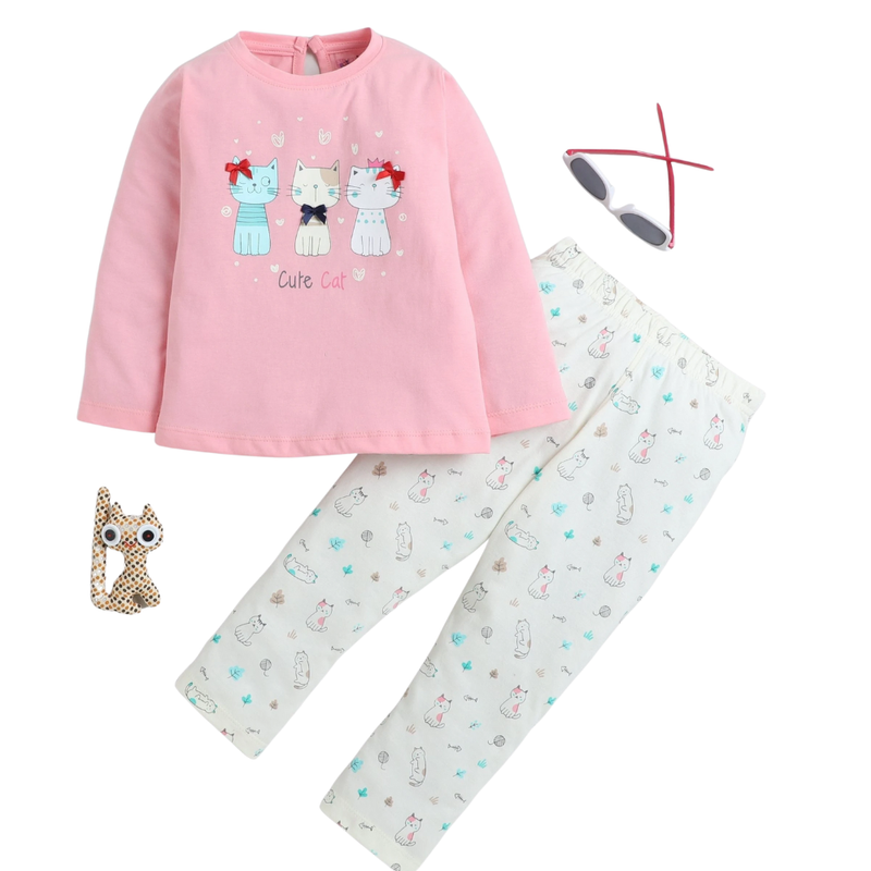 سمارت بيبي - طقم قطعتين - تيشيرت وبنطال للبنات - وردي/أبيض