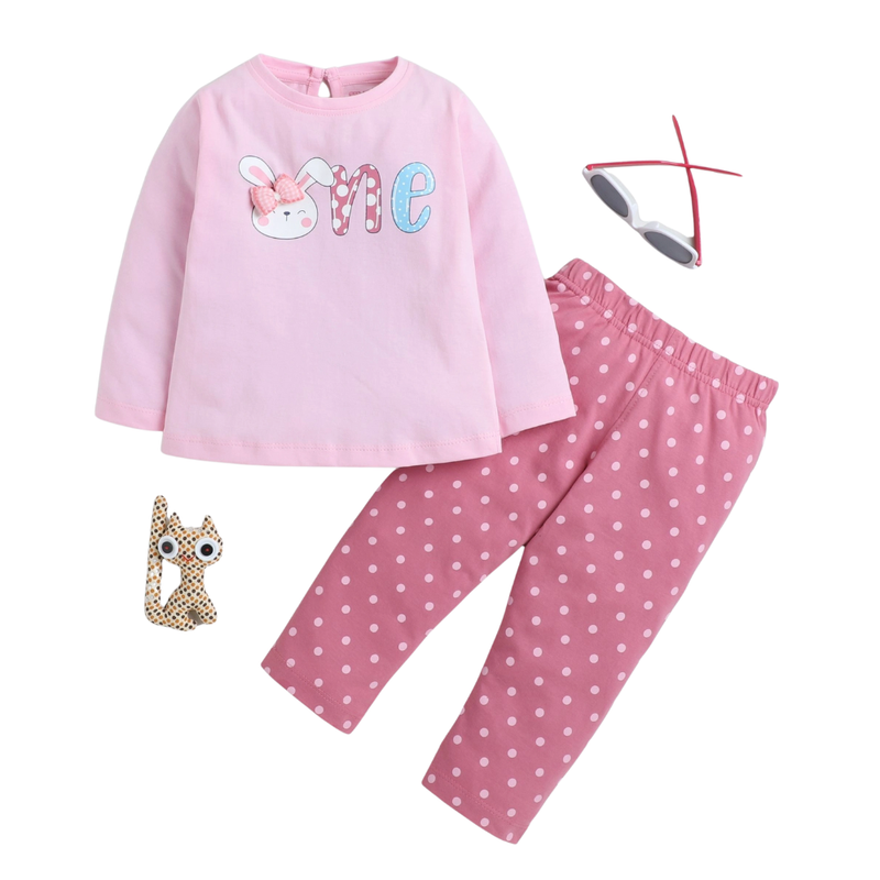 سمارت بيبي - طقم قطعتين - تيشيرت وبنطال للبنات - وردي