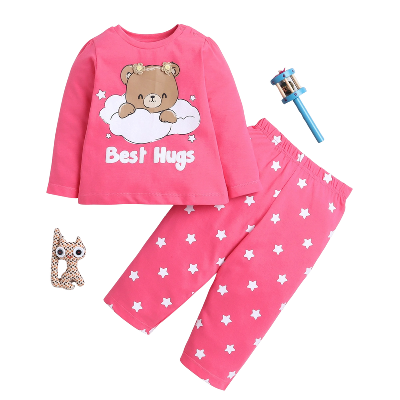 سمارت بيبي - طقم قطعتين - تيشيرت وبنطال للبنات - وردي