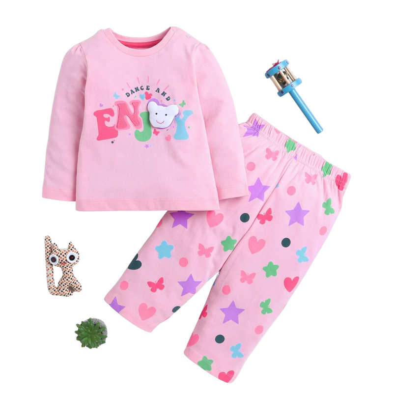 Smart Baby - 2pc-Set - Baby Girl's Dance And Enjoy Printed T-Shirt & Pant - Pink