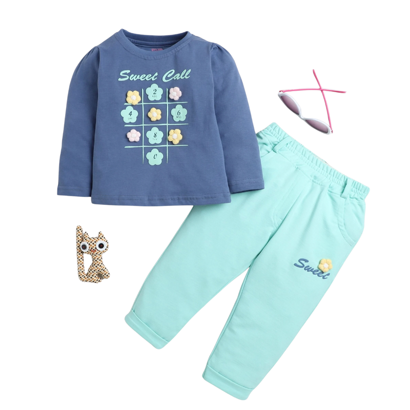 Smart Baby - 2pc-Set - Baby Girl Sweet Call Printed T-Shirt & Pant - Blue