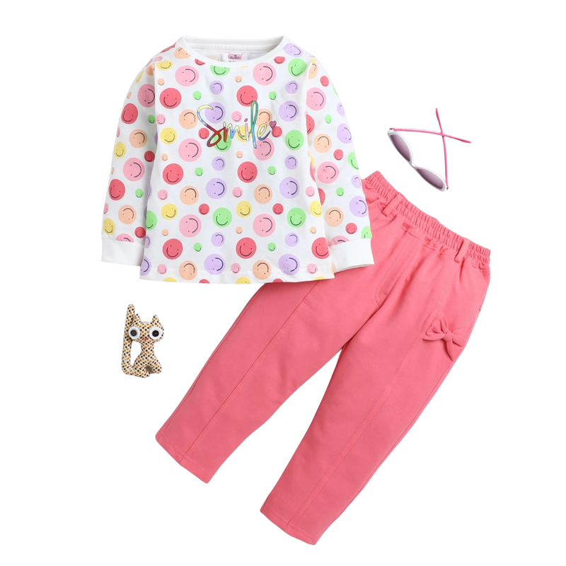 Smart Baby - 2pc-Set - Baby Girl' Smile Printed T-Shirt & Pant - White/Pink
