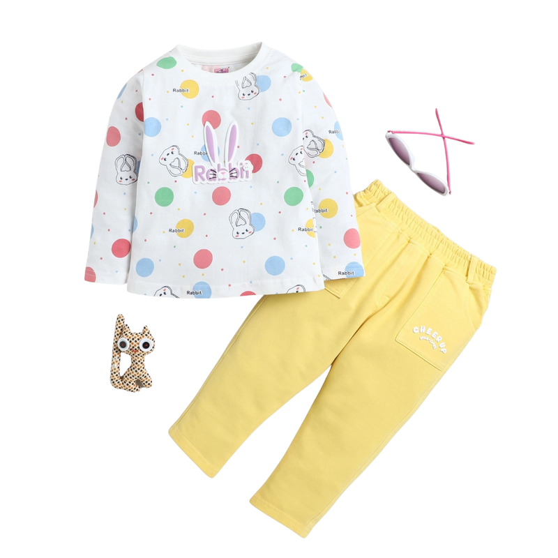 Smart Baby - 2pc-Set - Baby Girl' Rabbit Printed T-Shirt & Pant - White/Yellow