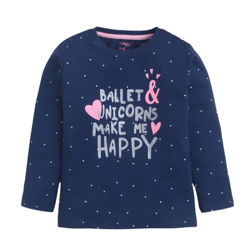 Nexgen Girls - Girl's Ballet & Unicorns Make Me Happy Printed T-Shirt - Navy Blue