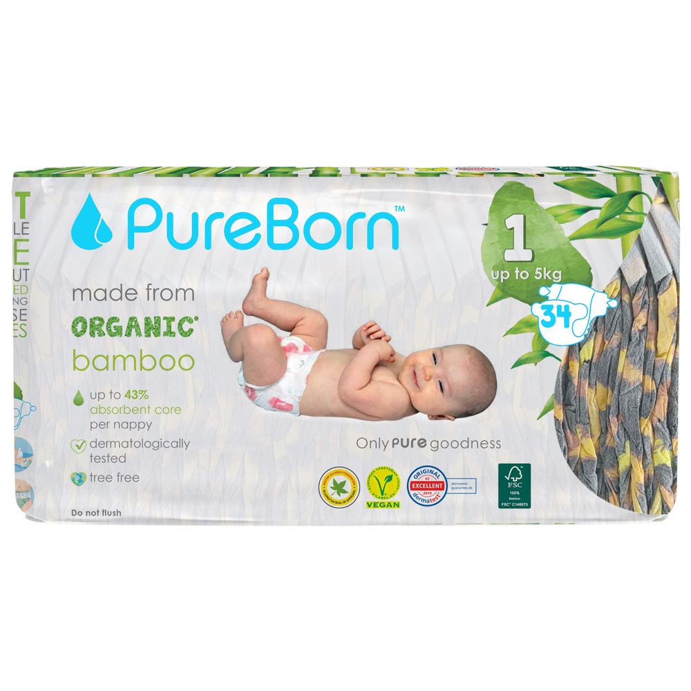PureBorn - Organic Diapers Leopard - Size-1- 2.5-5 kg - 34 Pcs