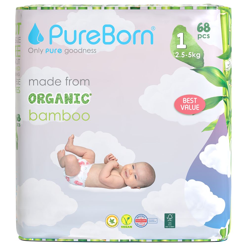 Pureborn - Size 1 Organic Diapers Upto 5Kg 68s - Twin Value Pack - Cloud