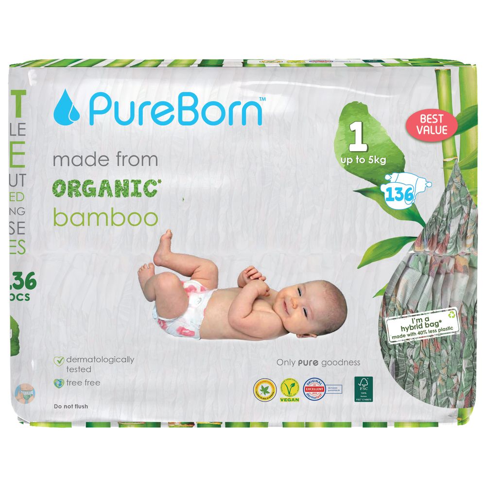 PureBorn - Organic Diapers Tropic - Size-1- 2.5-5 kg - 136 Pcs