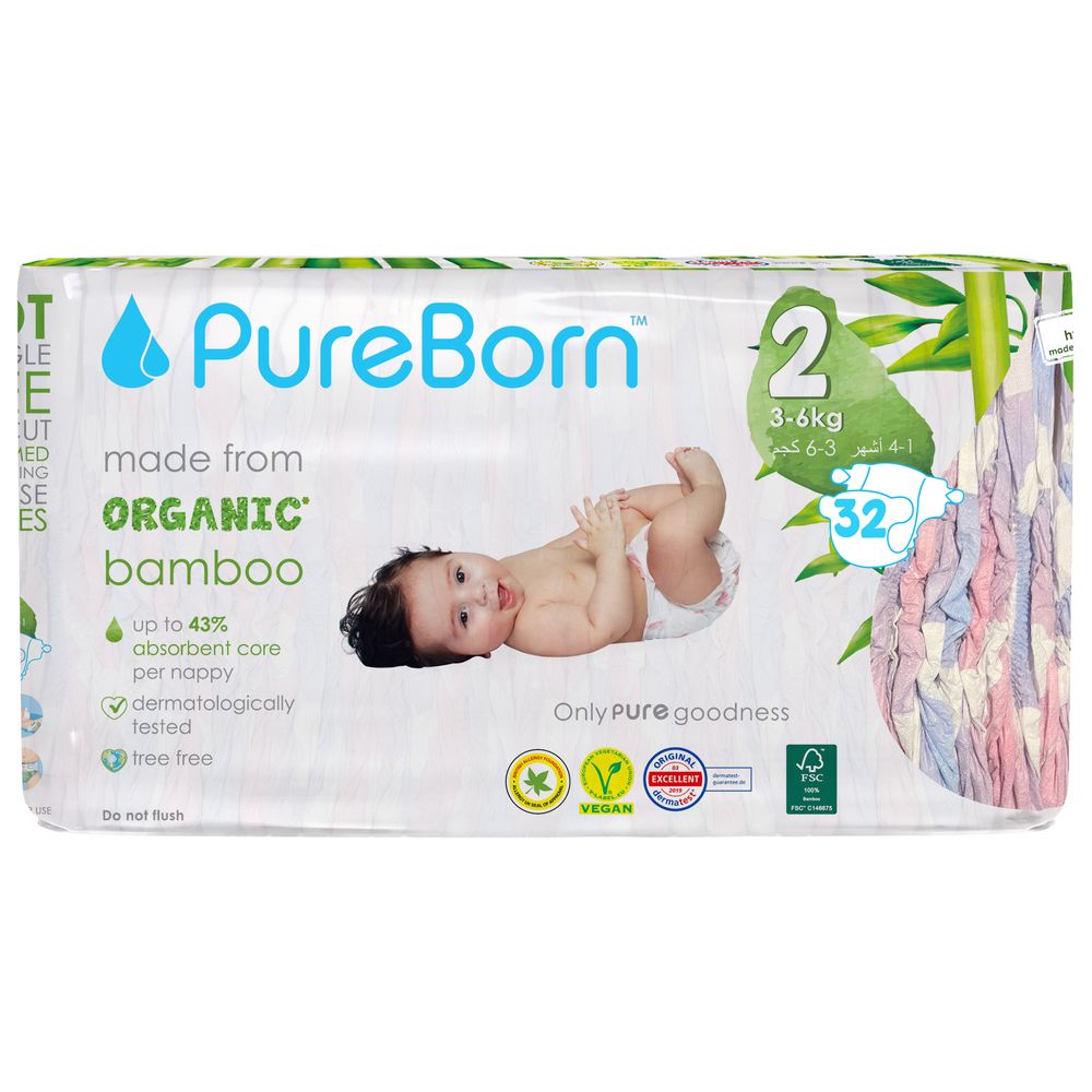 Pureborn - Size 2 Organic Diapers 3-6Kg 32s - Single Pack - Cloud