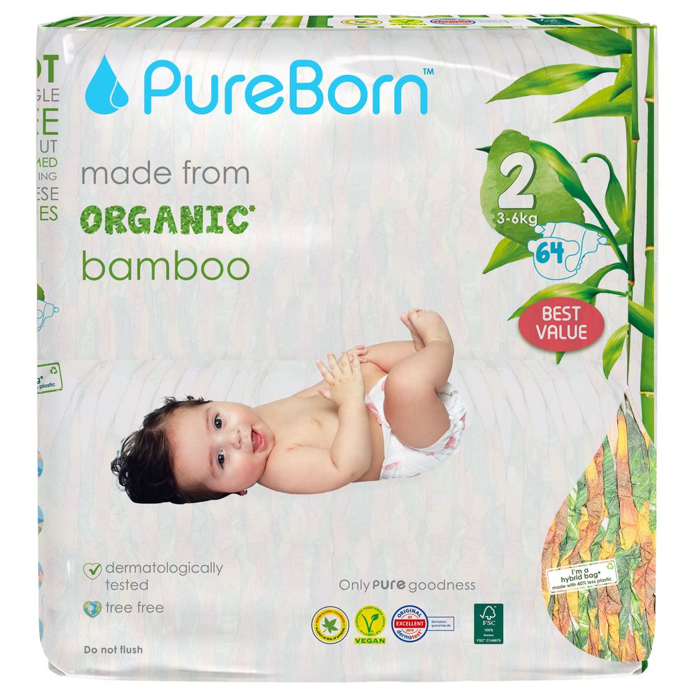 Pureborn - Size 2 Organic Diapers 3-6Kg 64s - Twin Value Pack - Sunflower